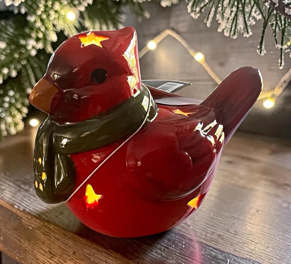 Ceramic Lighted Red Cardinal Christmas Figurine Glossy Freestanding Green Scarf